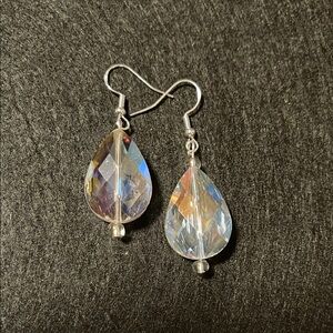 Elegant Sterling Silver and White Teardrop Earrings with Iridescent Charm